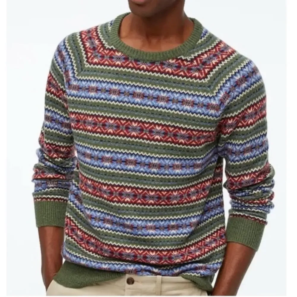 J. CREW Men's Lambswool-Blend‎ Fair Isle Crewneck Jumper Festive Green Size XL